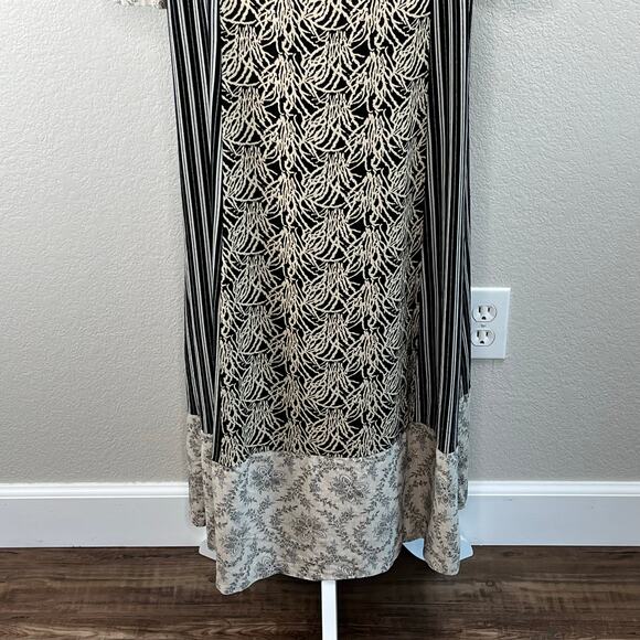 Black Stripe Floral Mixed Print 3/4 Sleeve Eclectic Boho Maxi Shift Dress Medium - Picture 9 of 14